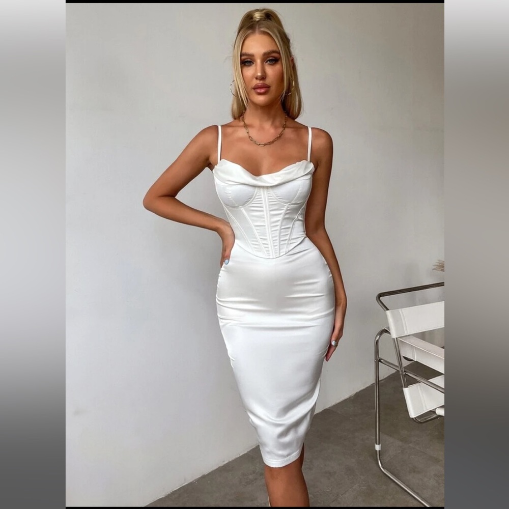Never worn white Boning Push Up Padded Corset Satin Dress